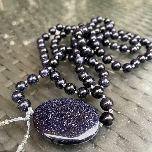 Custom Hand Knotted Goldstone and Glass Mala Necklace/ Meditation Jewelry - Picture 1 of 2